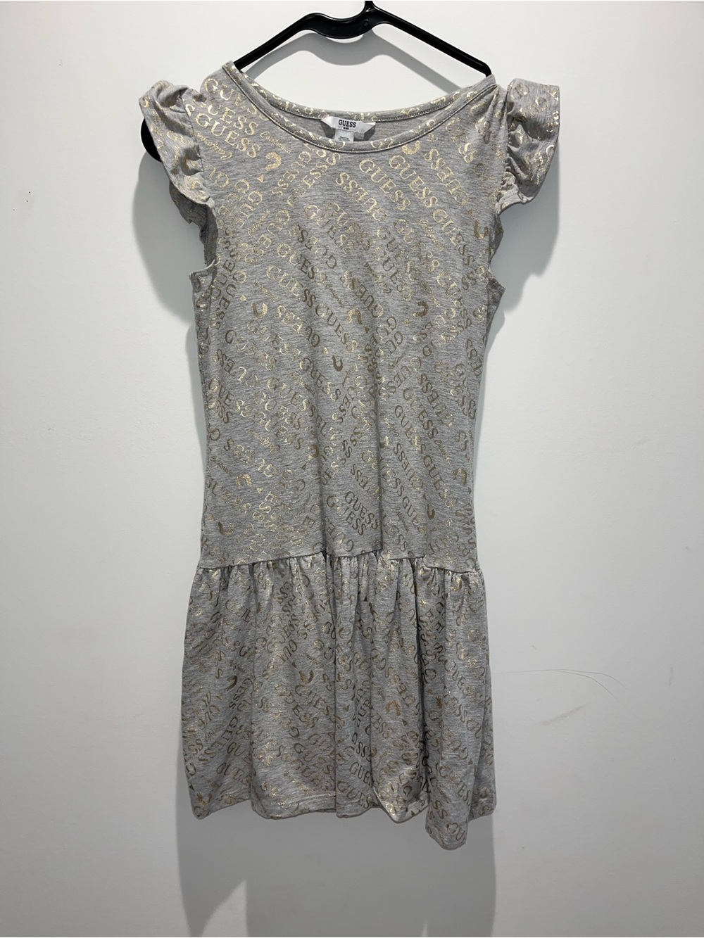 GUESS Gray Dress with Gold Logo Print and Flutter Sleeves